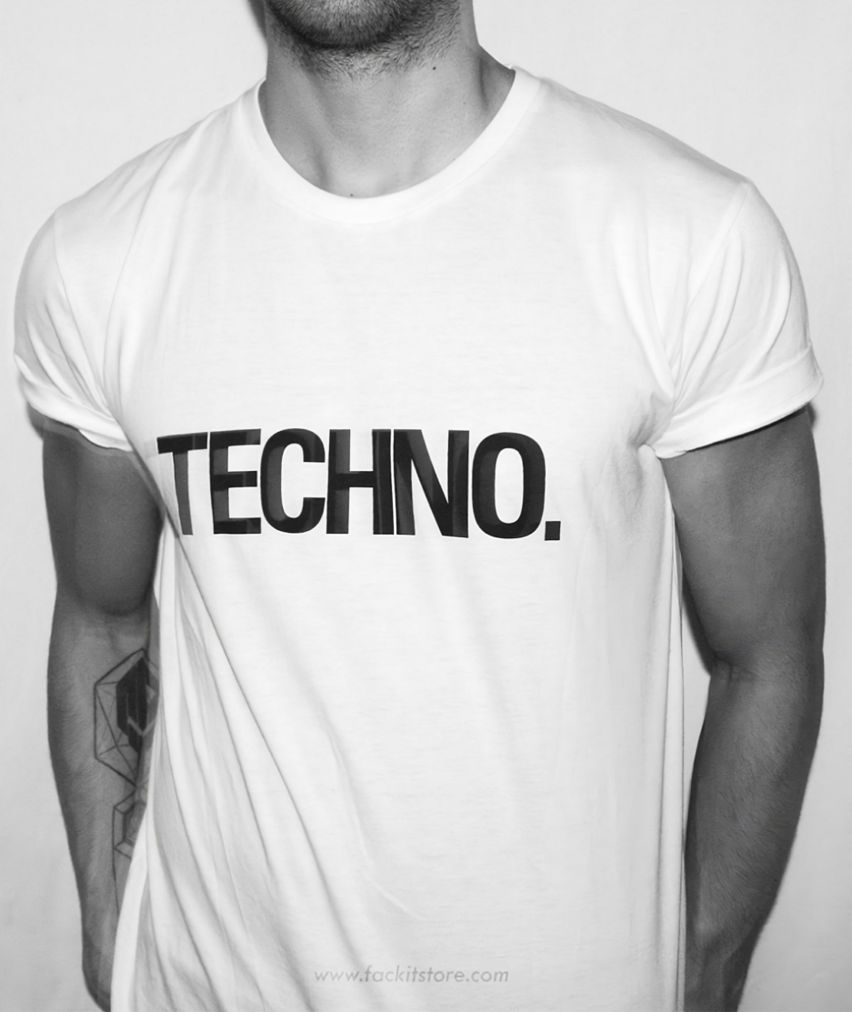 Model Wearing White Techno T-Shirt - Fack It (No Face)