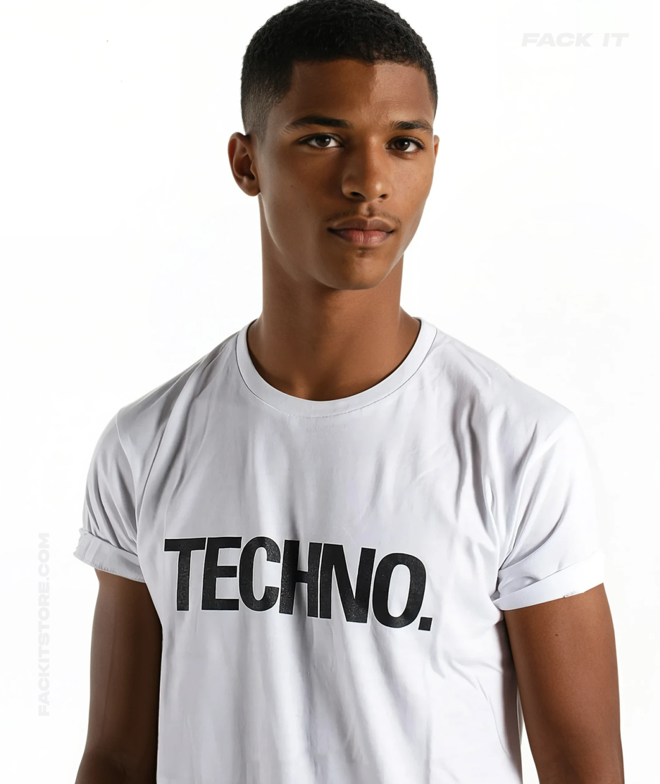 Model Wearing White Techno T-Shirt - Fack It (No Face)