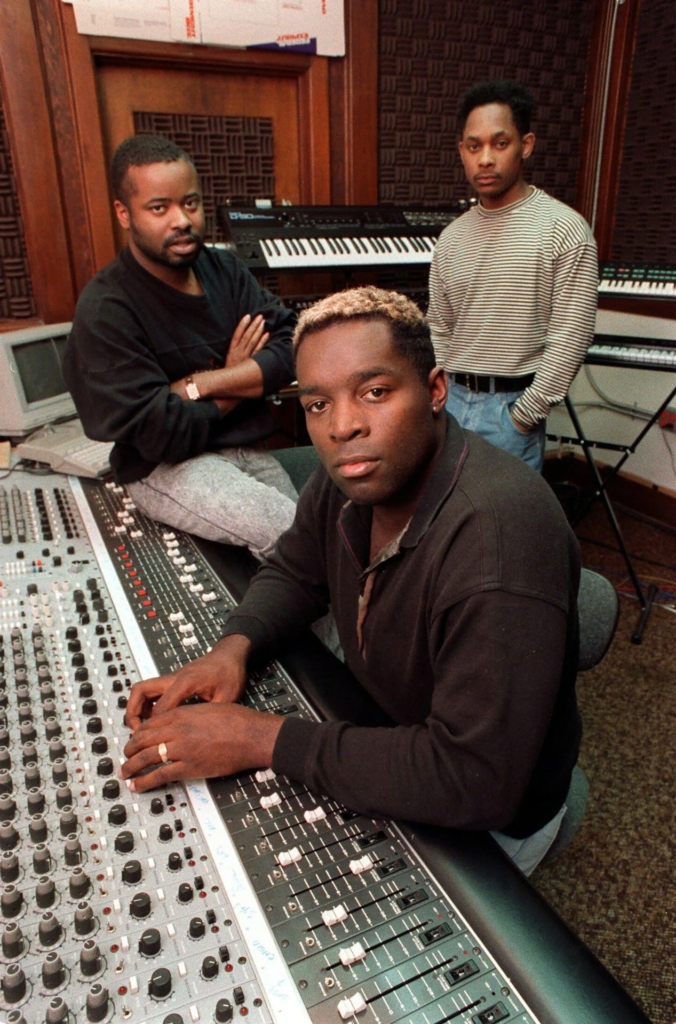 The Belleville Three – Derrick May, Juan Atkins, and Kevin Saunderson – in their studio in Detroit, shaping the sound of techno.