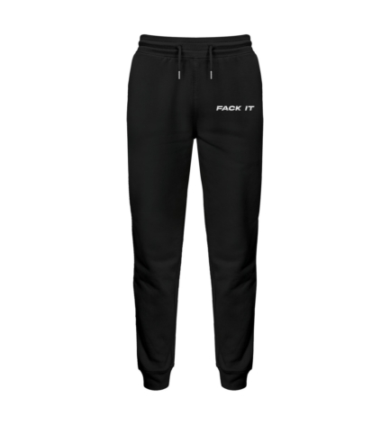 Fack It Joggers in black by Official Fack It Store – relaxed fit with a bold statement.