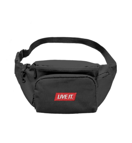 Live It Shoulder Bag in black with high-quality embroidered ‘LIVE IT’ text – compact and stylish.