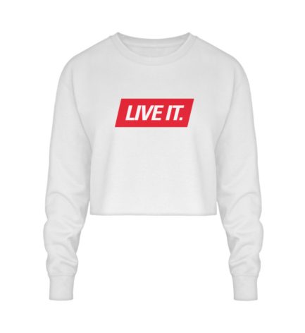 Live It Crop Sweatshirt in white by Official Fack It Store – clean and edgy cropped fit with premium fabric.