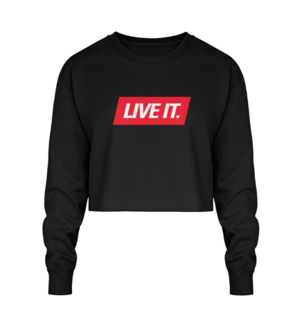 Live It Crop Sweatshirt in black by Official Fack It Store – bold cropped design with premium comfort.