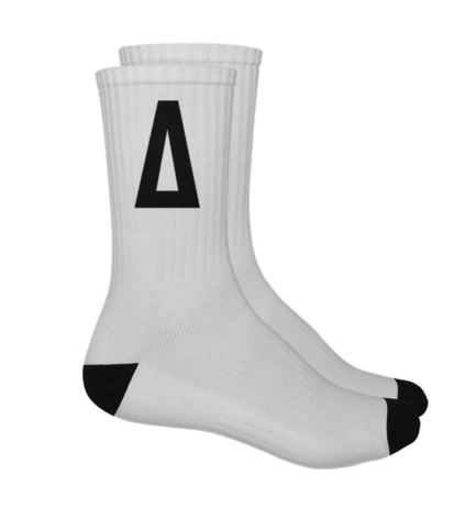 Fack It Mega ‘A’ Sport Socks in white with black heel and oversized ‘A’ logo – statement streetwear.