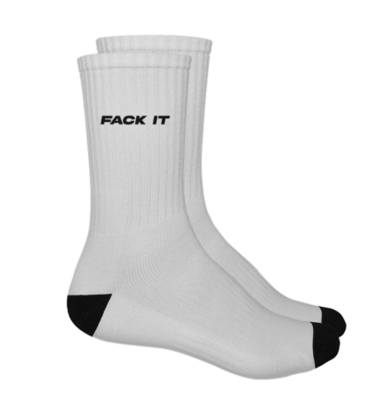 Fack It Sport Socks in white with black heel and ‘FACK IT’ branding – streetwear essentials.
