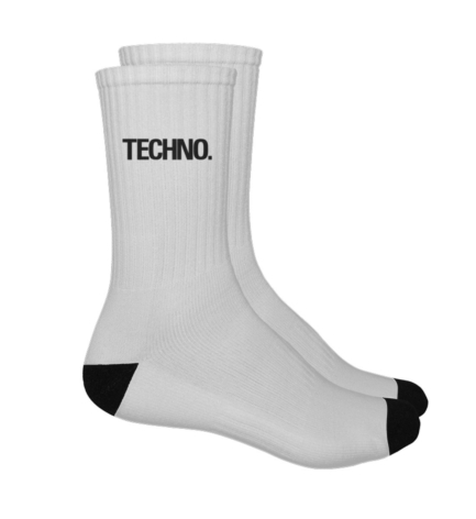 Techno Sport Socks in white with black heel and ‘TECHNO’ text – built for the underground scene.