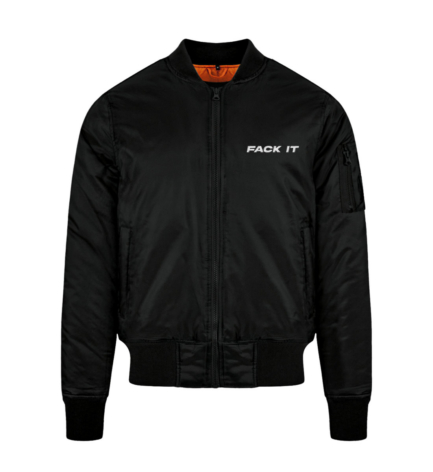 Fack It Bomber Jacket in black with a sleek and modern front design – timeless streetwear.