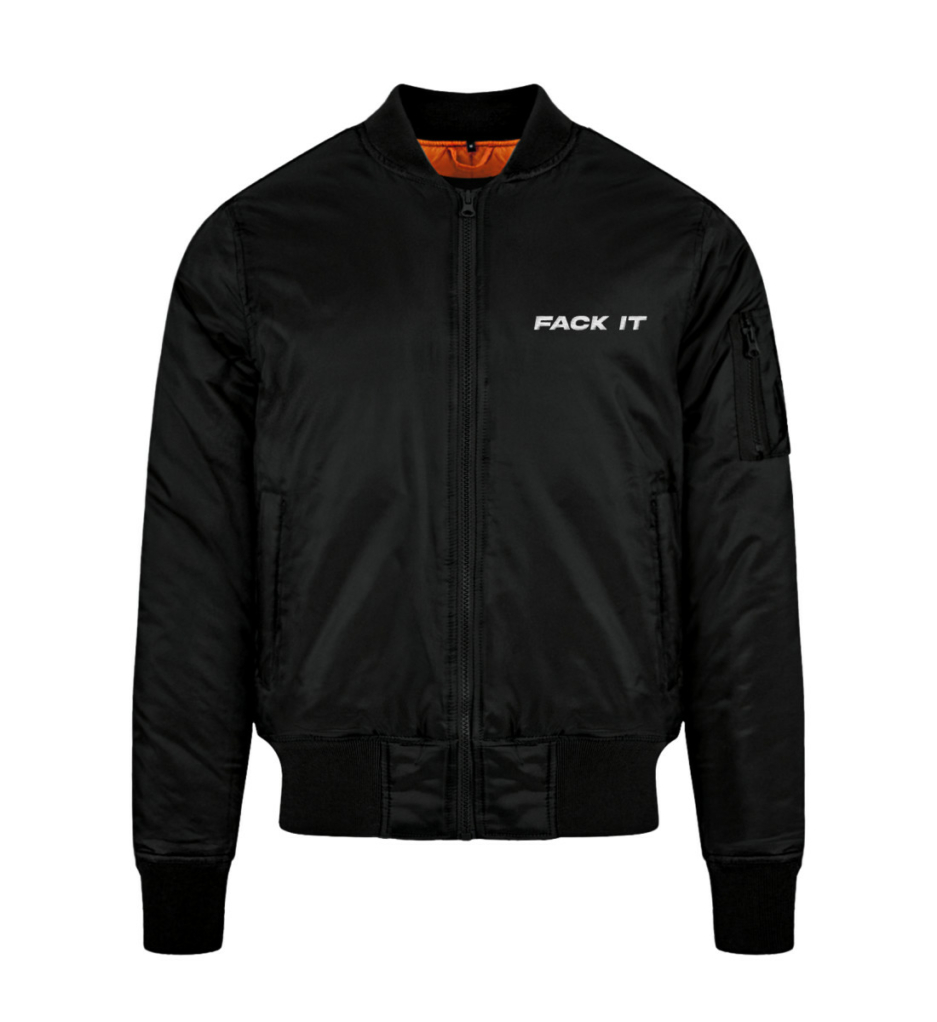 Fack It Bomber Jacket in black with a sleek and modern front design – timeless streetwear.