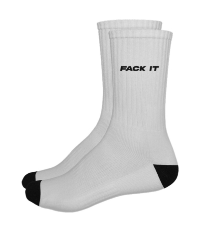 Fack It Sport Socks in white with black heel and ‘FACK IT’ branding – streetwear essentials.