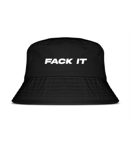 The Fack It Bucket Hat in sleek black, embroidered with bold branding for a statement-making streetwear look.
