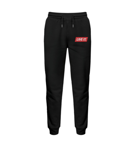 Live It Joggers in black by Official Fack It Store – relaxed fit with a bold statement.
