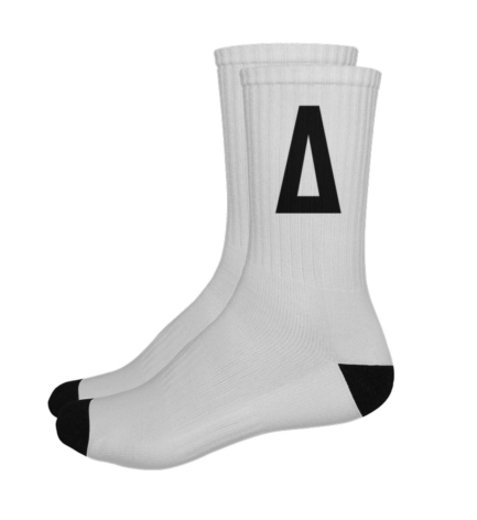 Fack It Mega ‘A’ Sport Socks in white with black heel and oversized ‘A’ logo – statement streetwear.
