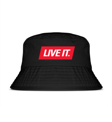 A sleek black Live It Bucket Hat, embroidered with minimal yet bold branding, perfect for festival and streetwear looks.
