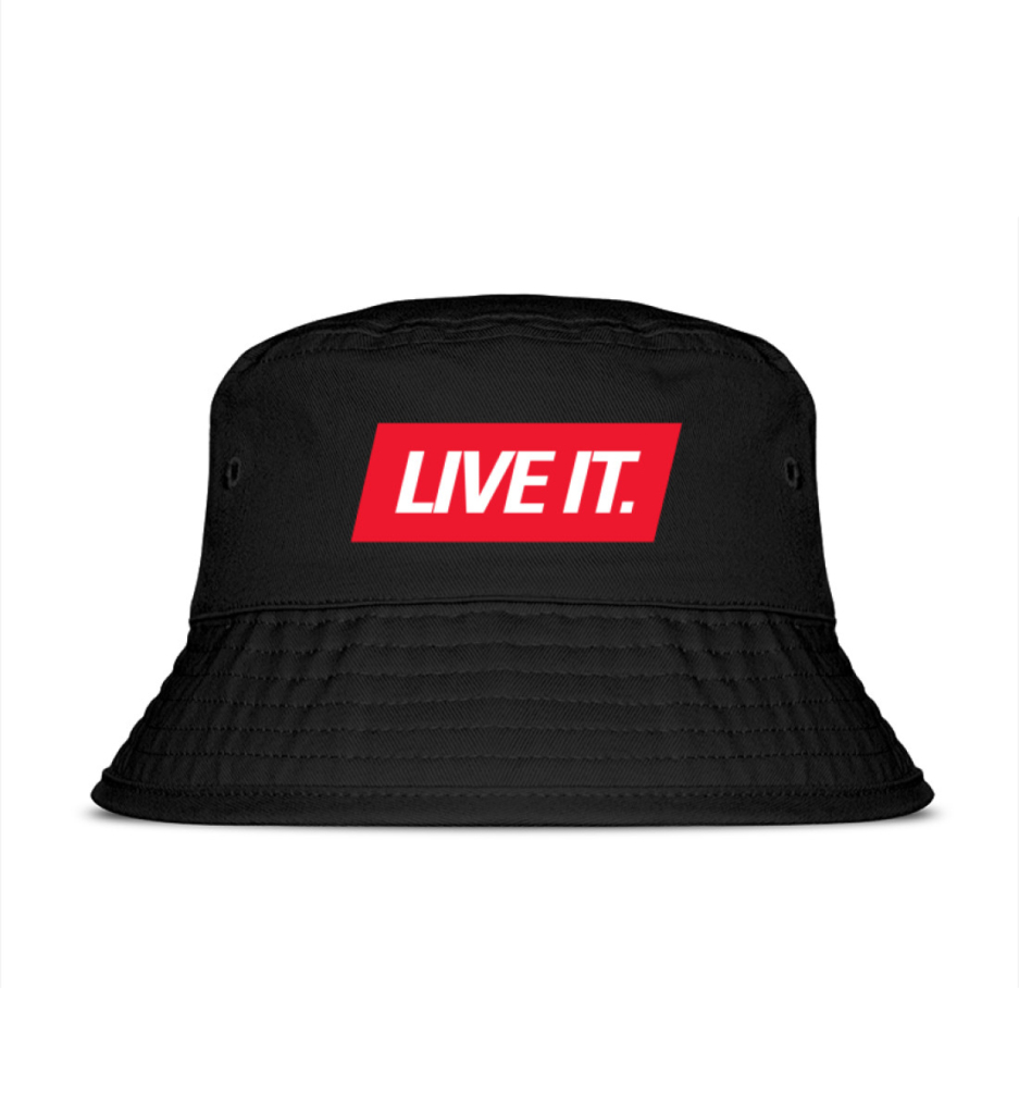 A sleek black Live It Bucket Hat, embroidered with minimal yet bold branding, perfect for festival and streetwear looks.