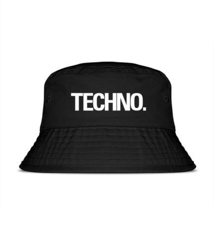 A black Techno Bucket Hat with sleek embroidery, designed for ravers and festival lovers embracing underground streetwear style.